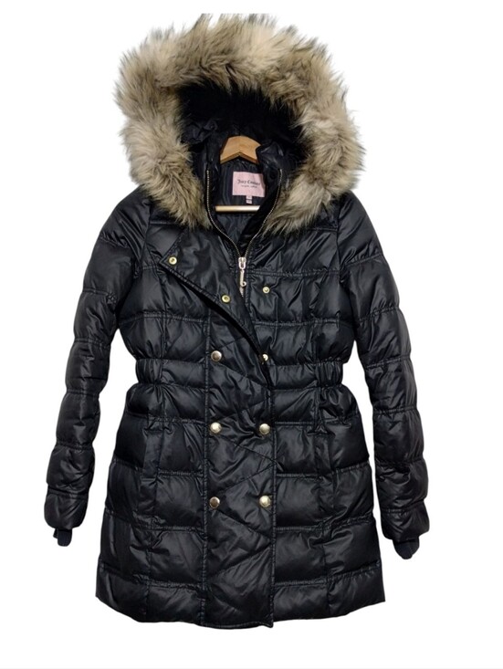 Juicy Couture Jackets & Blazers - Juicy Couture Black Puffer Coat with Faux Fur Hood Trim Women's S Y2K